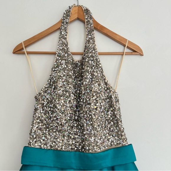 JOVANI Teal Beaded Sequins Halter Wedding Ball Gown Formal Evening Dress Sz 8 - Picture 3 of 16